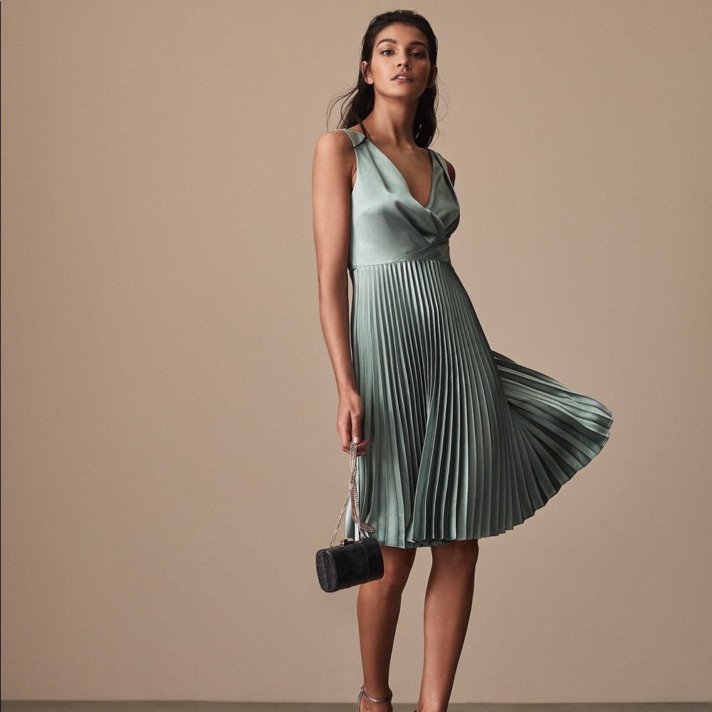 Reiss Alicia satin pleated midi dress aquamarine